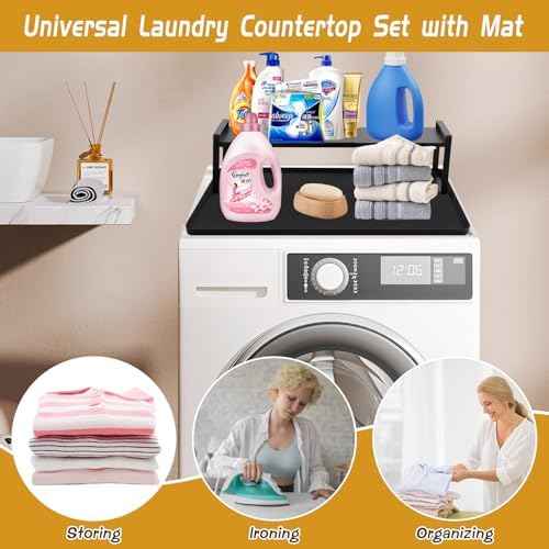 Washer and Dryer Countertop with Retractable Shelf and Silicone Mat, Universal Front Load Washer and Dryer Countertop Set, Washer Dryer Shelf with Mat for Laundry Room (Metal Shelf + Silicone Mat)