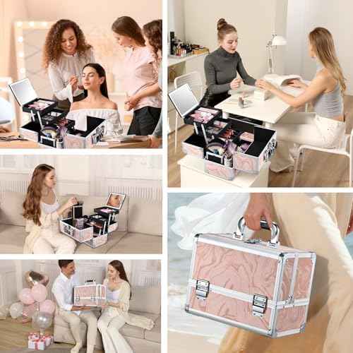 Faquenc Travel Makeup Case with LED Lighted Mirror - 11.6" Portable Makeup Organizer Box, Cosmetic Train Case with Detachable Brush Holder - Fluid Pink