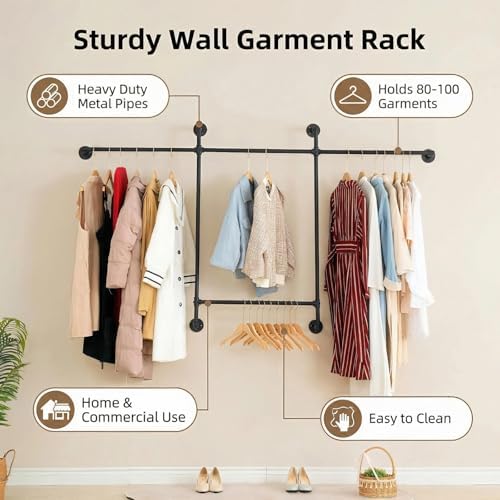 Industrial Pipe Clothing Rack, Hanging Garment Rack, Wall Mounted Pipe Clothes Rack with Four Hanging Rods, Heavy Duty Garment Rack, Industrial Steampunk Closet Organizer Hall Tree (Metal Pipes-Black)