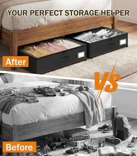 Under Bed Storage with Wheels 2-Pack, Under Bed Storage Containers, Underbed Box with Clear Lids, Rolling Underbed Storage bins for Shoes, Clothes, Blankets (25" L x 16.2" W x 5.5" H)