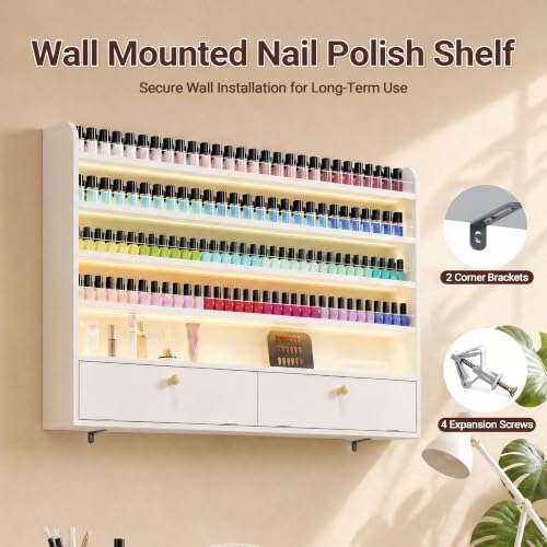Wood Nail Polish Rack with Cabinet, 5-Tier Nail Polish Display Shelf, White