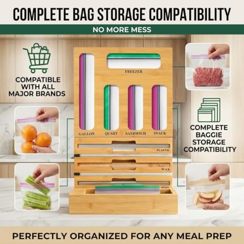 9 in 1 Bamboo Storage Bag Organizer for Kitchen Drawer, Bamboo Kitchen Drawer Organizer with Cutter, Foil and Plastic Wrap Dispenser, Ideal Storage for Gallon, Quart, Sandwich and Snack Bags