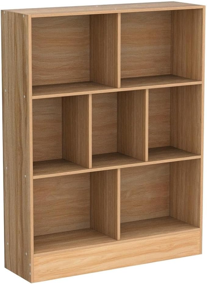 LEYAOYAO 7 Cube Bookshelf with Base, 3 Tier Mid-Century Modern Natural Bookcase - Image 5