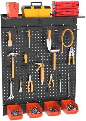 TORACK Garage Metal Pegboard with Accessories, Tools Organizer Peg Board with Pegboard Hooks, Wall Mounted Bins, Tool Storage Pegboards for Wall(Black)