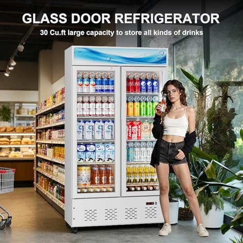 30 Cu.ft White Commercial Display Refrigerator,Glass Door Cooler Beverage Refrigerators with LED Light and 10 Shelves