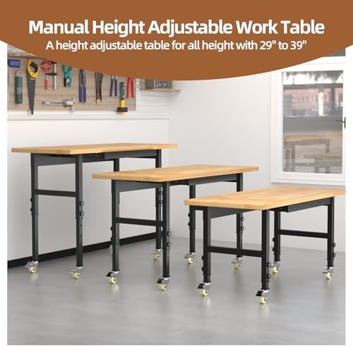 60" Adjustable Workbench with Wheels and Drawer, Solid Wood Rolling Work Bench Table with Power Outlet, Metal Tool Bench Work Bench for Garage, Large Load Capacity Workbench for Workshop,Office,Home