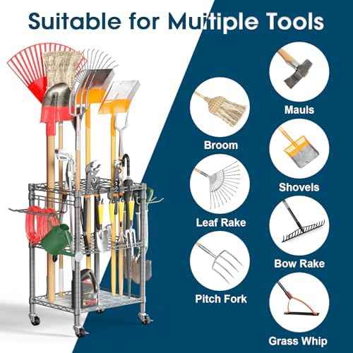 T1 Garden Tool Organizer（with Lockable Wheels） Heavy Duty Garage Tool Storage for Yard，Shed，Outdoor and Lawn，Freestanding Tool Organizers and Storage UP to 50 Tools，Grey with Anti-Tip Device
