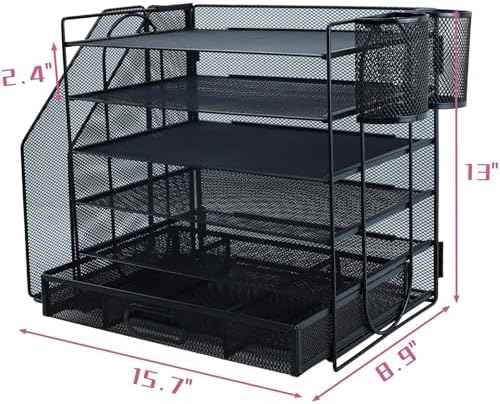 Desk Organizers and Accessories with File Holder, 6-Tier Paper Letter Tray Organiser with Drawer and 2 Pen Holder, Mesh Desktop Document Organizer for Office Supplies, Workspace - Black