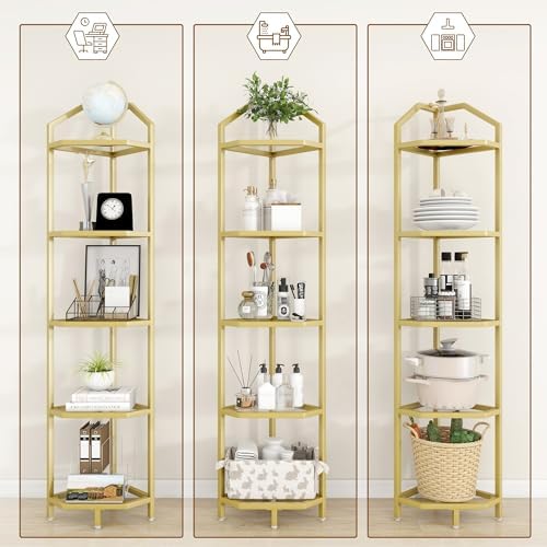 5-Tier Corner Shelf Stand, Gold Corner Bookshelf, Bathroom Storage Rack Shelf, Plant Rack, Tempered Glass, Steel Frame, Modern Style for Living Room, Bathroom, Kitchen, Metallic Gold