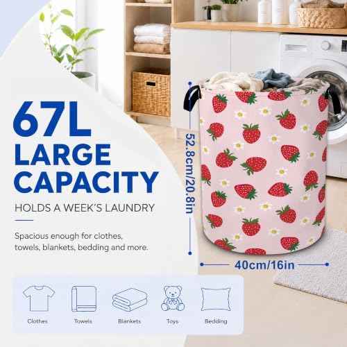 Strawberry Daisy Flower Laundry Hamper,Collapsible Laundry Baskets, Dirty Clothes Baskets with Handles,Oxford Cloth Hamper for Bedroom,Bathroom,Laundry Room,College Dorms,16"x20"