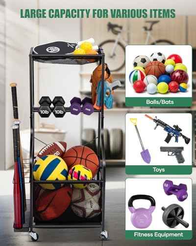 EXTCCT Garage Sports Equipment Organizer, Rolling Ball Storage Cart