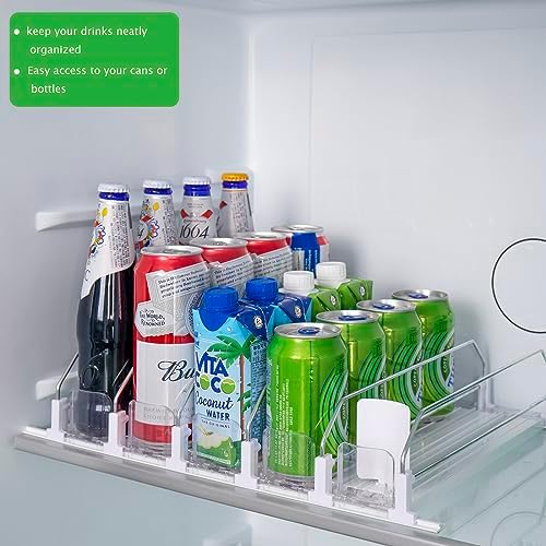 Drink Organizer for Fridge, Self-Pushing Soda Can Organizer for Counter Refrigerator, Width Adjustable Pusher Glide, White, 12”depth-5rows