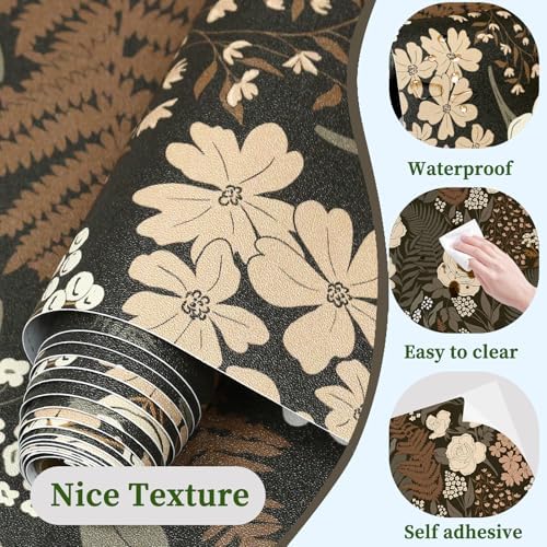 HAOKHOME Floral Drawer Liner Self Adhesive Shelf Liners Brown Contact Paper