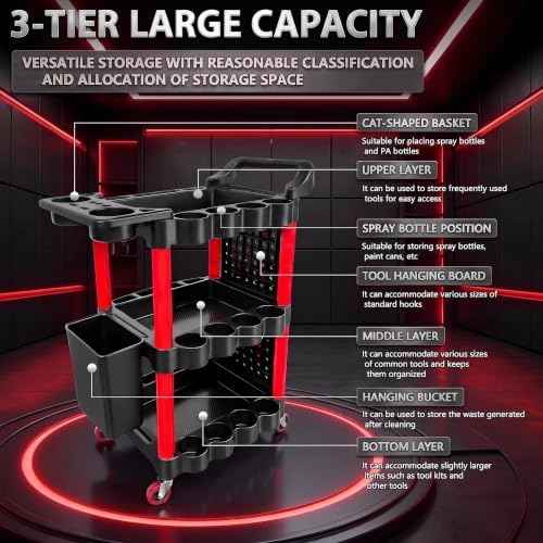 Auto Detailing Cart with Wheels, 3 Tier Rolling Detail Cart