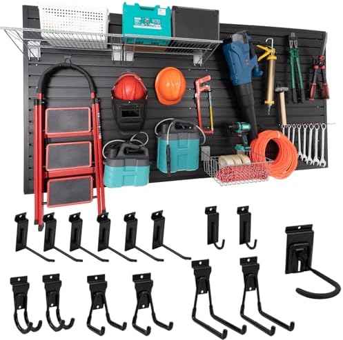 FRAYSCENT Slat Wall Paneling Garage Slat Wall Storage Systems Slatwall Panels Power Tool Organizer Wall Mount, PVC Garage Storage & Organization Products Slate Board (Black, 4ft x 8ft with 15 Hooks)