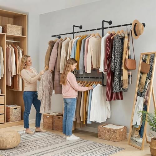 Industrial Pipe Clothing Rack, Hanging Garment Rack, Wall Mounted Pipe Clothes Rack with Four Hanging Rods, Heavy Duty Garment Rack, Industrial Steampunk Closet Organizer Hall Tree (Metal Pipes-Black)