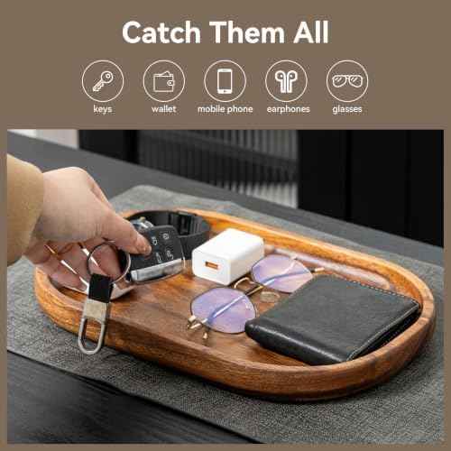 Acacia Oval Wooden Valet Tray for Men Women, Acacia Wood Serving Tray Key Dump Bedside Nightstand Dresser Organizer EDC Catch All Decorative Wooden Tray for Phone Wallet Keys Jewelry (12 x 7.9 Inch)