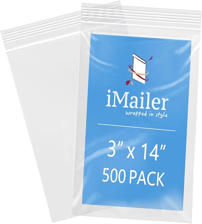 iMailer - 3" x 14" 500 Pack- 2 Mil Resealable Zip Bags- Small Clear Plastic Bags by iMailer