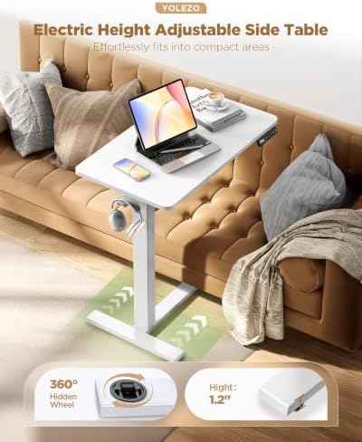24"x 16" Electric Overbed Table, Rolling Laptop Desk for Bed, White