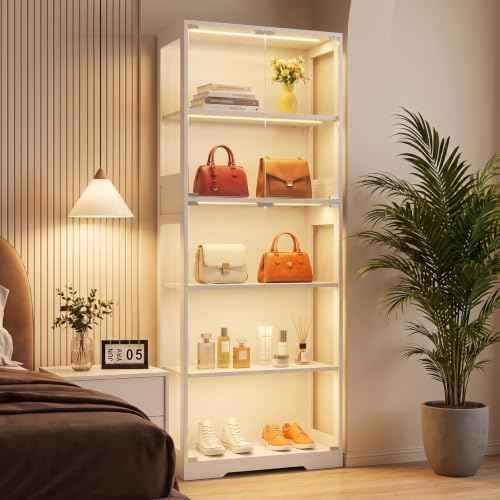 Display Cabinet with Glass Doors, LED Lights Motion Sensor