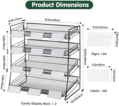 4-Tier Black Stackable Candy Display Rack, Snack Organizer for Countertop, Stores, Offices with 24 Signs and 60 Labels（Metal Mesh Plate） (Black-2 Pack)