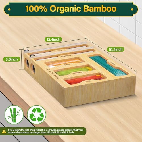 KOCWELL Bag Organizer and Plastic Wrap Dispenser with Cutter, 6 In 1 Bamboo Foil and Plastic Wrap Organizer for Kitchen Drawer, Food Storage Bag Organizer for Gallon,Quart,Sandwich,Snack(Yellow)