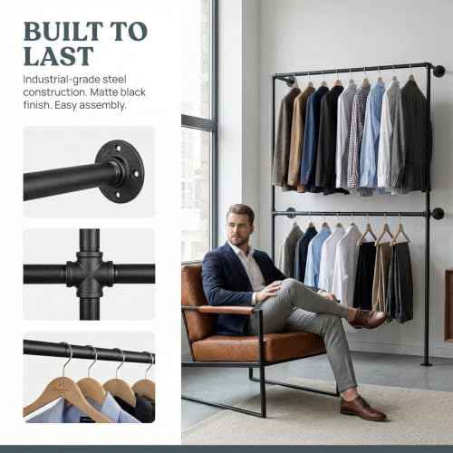 Industrial Pipe Clothing Rack Wall Mounted Garment Rack, Black Pipe Clothes Rack Retail Display Hanging Rod for Closet Storage, Laundry Room