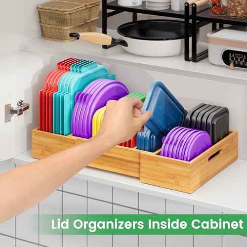 Kiasthome Expandable Bamboo Lid Organizers Inside Cabinet, Kitchen Cabinet Organizers with 3 Adjustable Dividers, Storage Plastic Lids, Food Container Lid Holder Organizer for Drawer Pantry, Nature