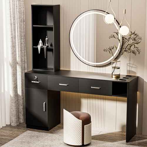 Barber Salon Station for Hair Stylist, Salon Wall Mount Station with Barber Cabinet and Barber Desk, Hair Salon Stations Equipment with Holders, Drawers, Beauty Station Without Mirror (Black)