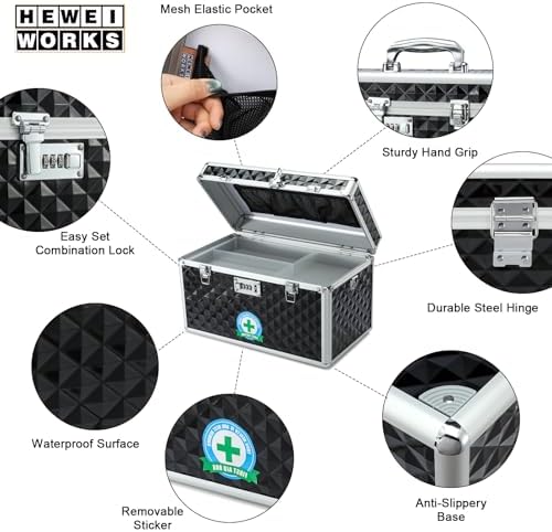 Storage Lock Box with Combination Lock, Lockable Medicine Storage Box, Empty First Aid Box, Security Lock Box, Multipurpose Locking Box for Home and Outdoor Use (Black, X-Large)