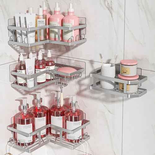 Youvip 4-Pack Adhesive Corner Shower Caddy with Soap Holder, No Drilling Wall Mounted Shower Shelves-Rustproof, Organizer for Bathroom, Kitchen & Home Decor. Silver