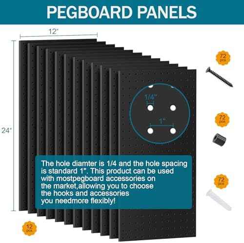 12 Pack 12-Inch X 24-Inch Metal Pegboard Wall Panels, Peg Boards for Garage Tool Storage (Black)