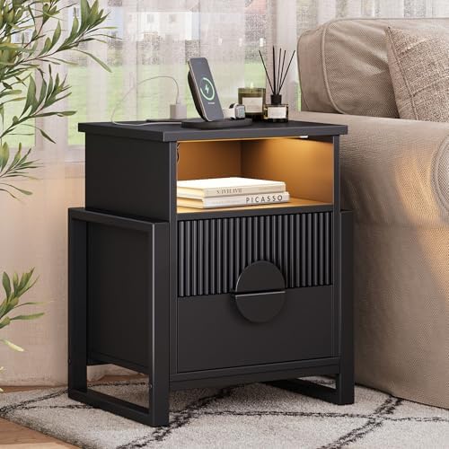 HolliWill Fluted Nightstand Set of 2 with Charging Station and LED Lights, 20" Night Stand with 2 Drawers, Large Bed Side Table with Raising Legs and Curved Profile Design for Bedroom, Black