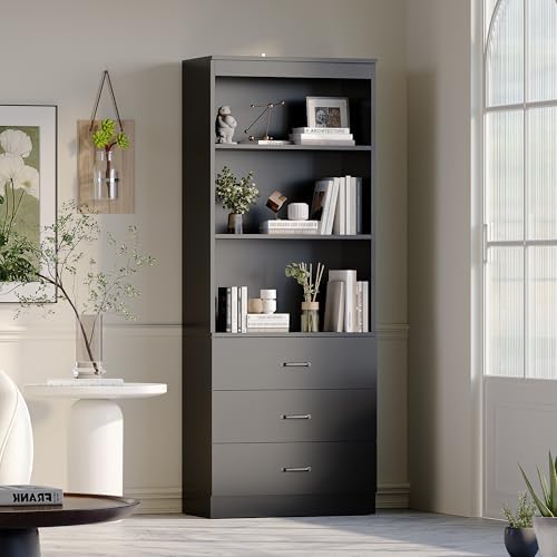 70" H Black Bookshelf with Drawers, Tall Bookcase with 3-Tier Open Shelves, Bookshelf and Bookcase with Storage Cabinet for Home Office,Living Room(Black,6-Tier)