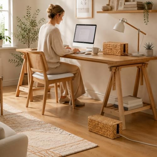 2 Pack Rattan Cable Management Box with Lid & 2 Side Open Slots