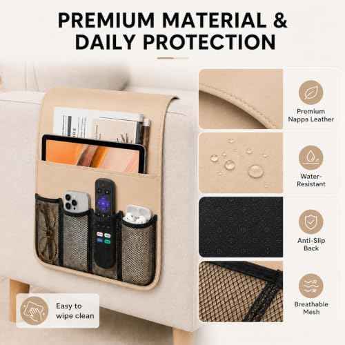 Armchair Caddy for Couch Remote Control Holder Recliner Armrest Organizer Non Slip Sofa Arm Chair Caddie with 6 Pocket Storage for Magazine, Tablet, Phone, iPad, Chocolate Leather white