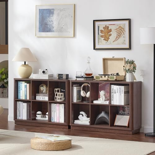 Joaxswe 6 Cube Bookcase, 40" Wide Low Horizontal Book Shelf w/Curved Edge, Wood Floor Standing 2-Tier Bookshelf with Base, Modern Short Storage Organizer for Bedroom,Office, Walnut