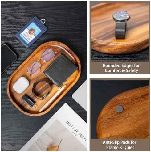 Acacia Oval Wooden Valet Tray for Men Women, Acacia Wood Serving Tray Key Dump Bedside Nightstand Dresser Organizer EDC Catch All Decorative Wooden Tray for Phone Wallet Keys Jewelry (12 x 7.9 Inch)