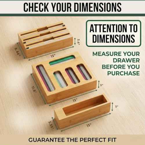 9 in 1 Bamboo Storage Bag Organizer for Kitchen Drawer, Bamboo Kitchen Drawer Organizer with Cutter, Foil and Plastic Wrap Dispenser, Ideal Storage for Gallon, Quart, Sandwich and Snack Bags