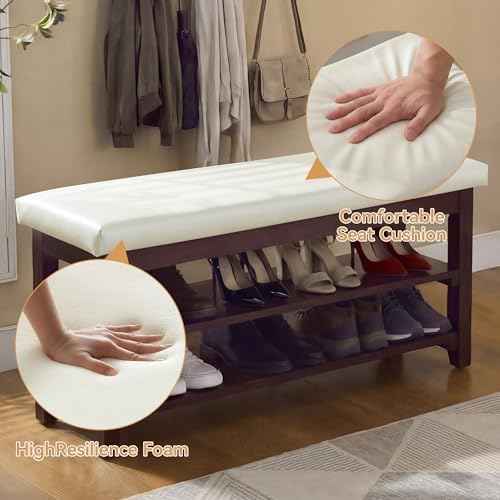 40" Solid Wood Shoe Storage Bench, 2 Tier Shoe Rack for Entryway, Beige