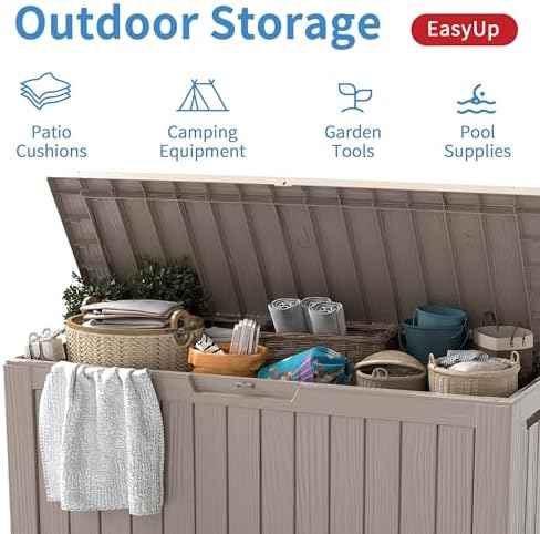 EasyUp 85 Gallon Outdoor Storage Box, Resin Waterproof UV-Resistant Deck Box, Reinforced Stability for Patio, Garden, and Poolside, Striped Gray