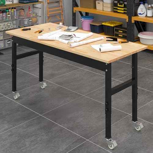 48" Adjustable Work Bench, Rubber Wood Top Workbench