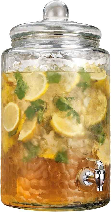 3 Gallon Classic Hammered Glass Ice Cold Beverage Drink Dispenser - With Glass Lid 100% Leak Proof Spigot- Wide Mouth Easy Filling For Outdoor, Parties & Daily Use