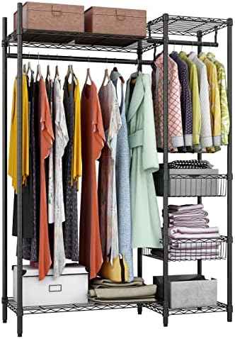 Xiofio 6 Tiers Heavy Duty Clothes Rack,Metal Clothing Rack, Adjustable Clothing Rack with Hanging Rod and Wire Fixing Baskets,Max Load 600LBS,Black