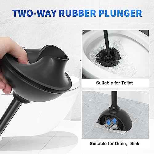 LOVLOY Toilet Plunger and Brush, Bowl Brush and Heavy Duty Toilet Plunger Set with Ventilated Holder, 2-in-1 Toilet Brush and Plunger Combo for 5.3-inch Toilet Drain Bathroom Cleaning (Black)