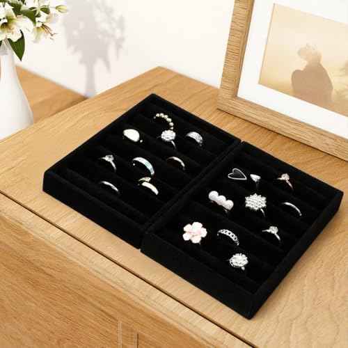 2 PCS Black Velvet Stackable Ring Organizer Tray, Earrings Display Tray Storage, Small Jewelry Trays, Display Storage Insert Holder for Ring Earrings Jewelry (8 Slots)