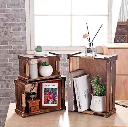 TIMRIS Set of 3 Rustic Wood Nesting Crates, Farmhouse Wooden Storage Container Boxes with Cutout Handles, Decorative Wooden Baskets for Display (Rustic Brown)