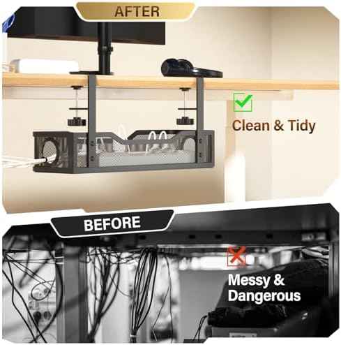 Under Desk Cable Management Large, Cinati 16" Cable Management Box for Table Thickness up to 3", Wire Cord Organizer with Clamp No Drill, No Damage to Desk (Black)
