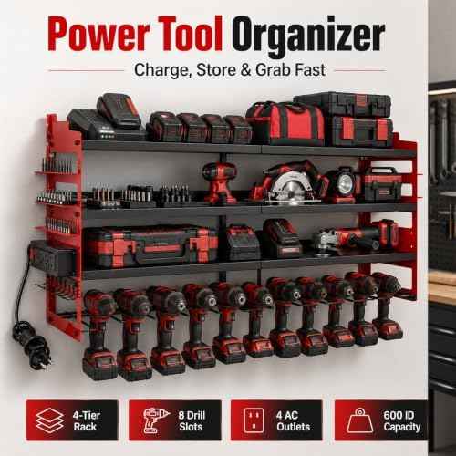 Power Tool Organizer Wall Mount, 600lbs Garage Storage Rack with Charging Station, 4 Layers Heavy Duty Battery Utility Rack With 4 Outlet Power Strip, 8 Cordless Drill Holder