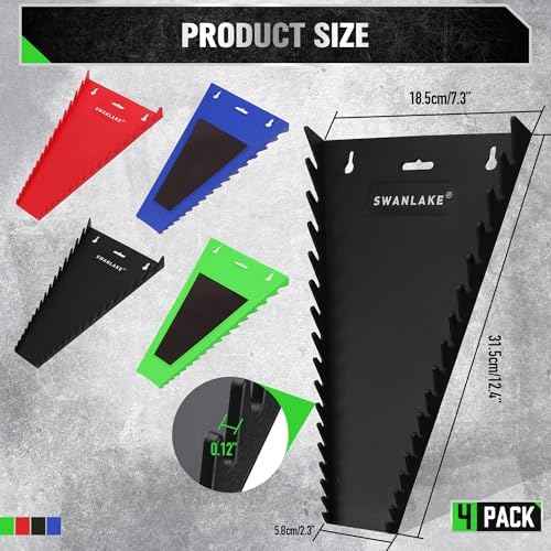 Magnetic Wrench Organizer 4-piece, Wrench Rack Tool Trays SAE (1/4" to 1-1/16"), Metric (6mm to 24mm), 64-Slot Drawer Storage Tools, Wrench Set Holder